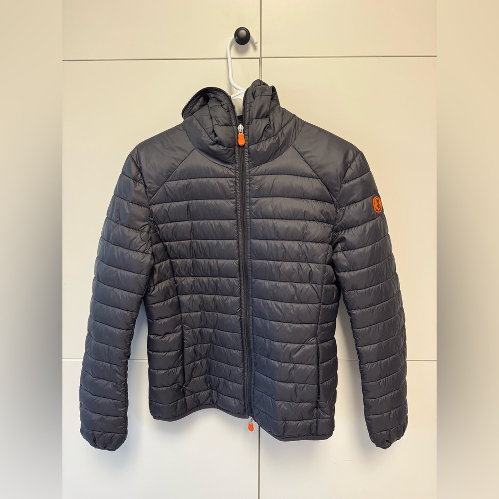 Save The Duck Ultra Light Puffer Jacket in Black with Orange Patch. Size 1/S.